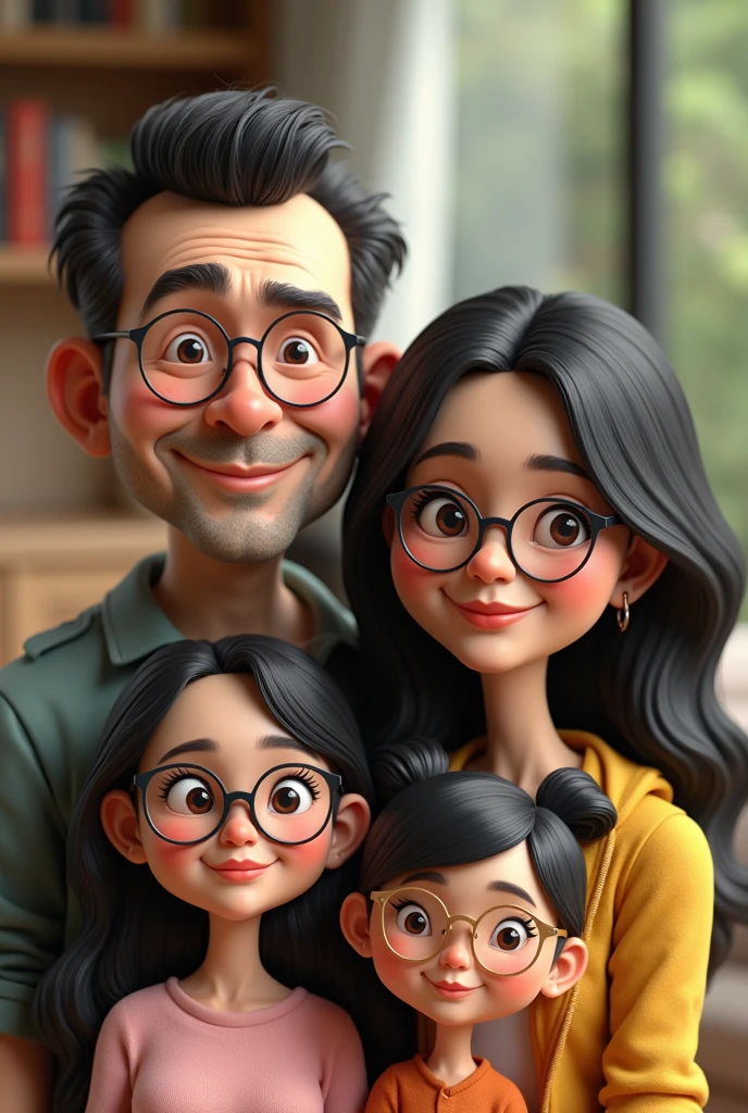 3D realistic caricature drawing.
The family consists of:
A 50-year-old father with very short hair,
a 4 chubby brunette mother,
two teenage girls, with long black hair and glasses,