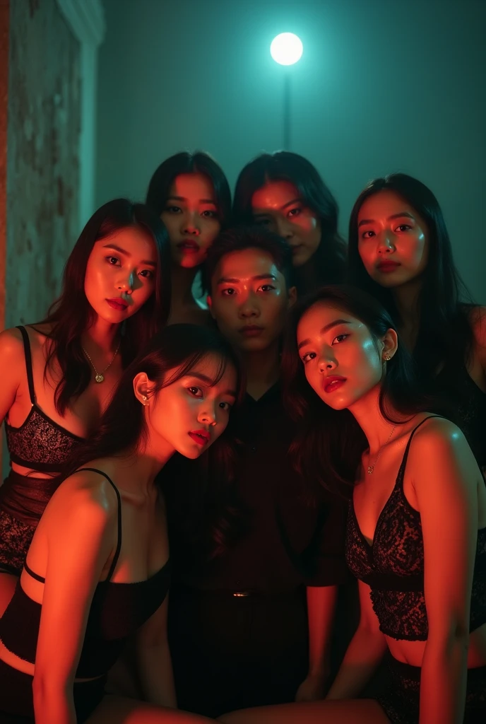 I'm taking photos for a new concept album. Create a concept photo for a girl group in the style of "crazy with love" with man