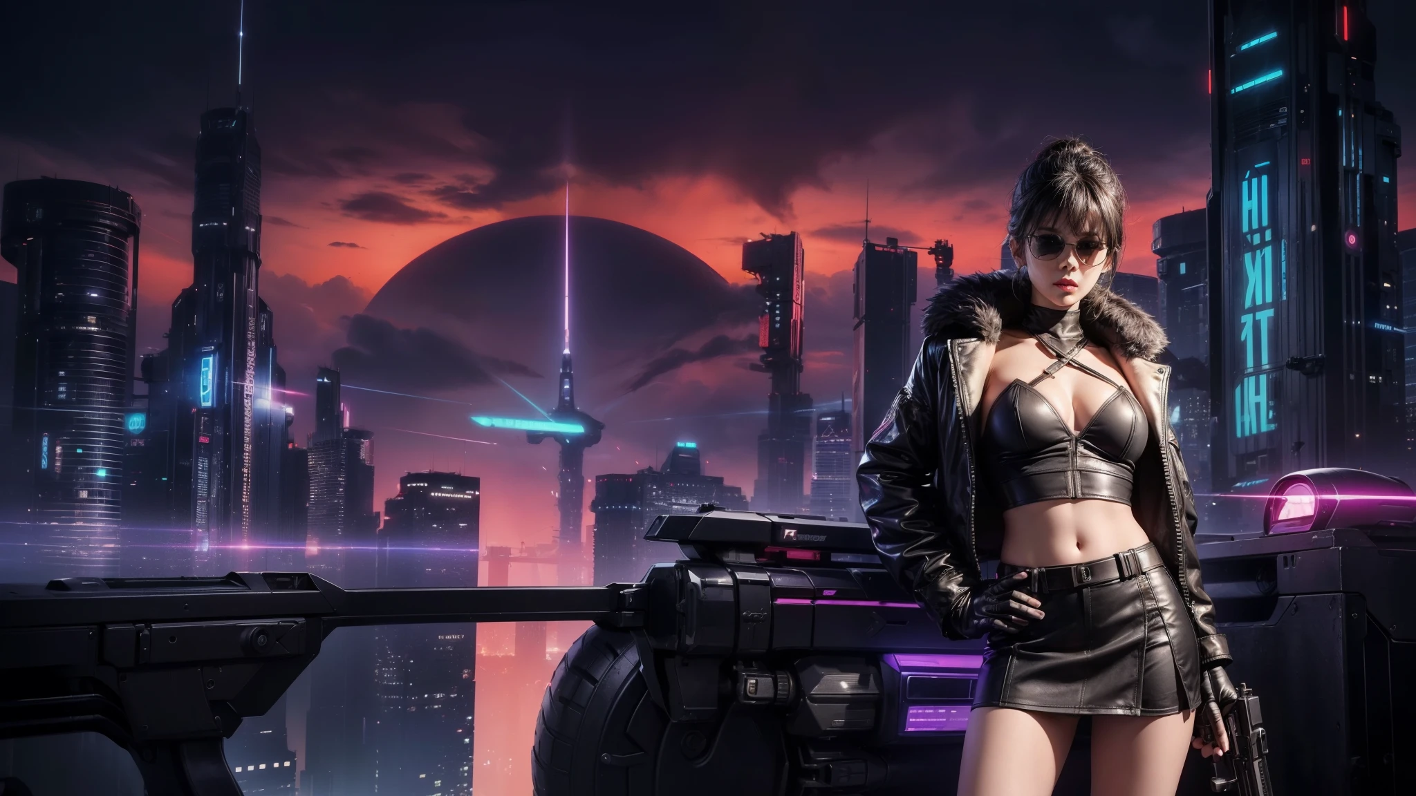 (Wide angle view). Blade Runner style futuristic city, simple outlined transparent neon tall buildings, glowing giant clock tower, flying cars, helicopter, lightning, 3D rendering Beeple. At night, (1girl, solo, alone), photorealistic, medium-breast slim:0.6 body, oval:0.6 face, cleavage:1.1, sexy black laced bra, glove, deep-V, (very low angle view of miniskirt), white laced panty, coat, (Matrix style black micro sunglasses), ((aiming viewer with a short gun)), (running pose), (half-body thigh level close-up shot), cinematic lighting, ray tracing.