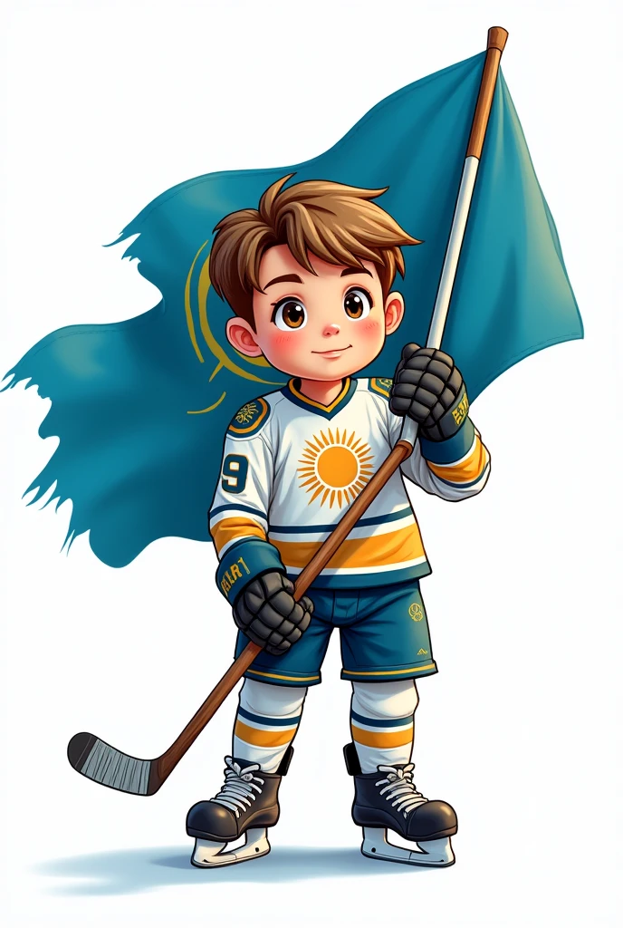 ((officially)) ((masterpiece)) ((Best quality)) ((detailed)) cartoon boy hockey player in uniform with emblem flag of Kazakhstan in hand stick in full growth on white background