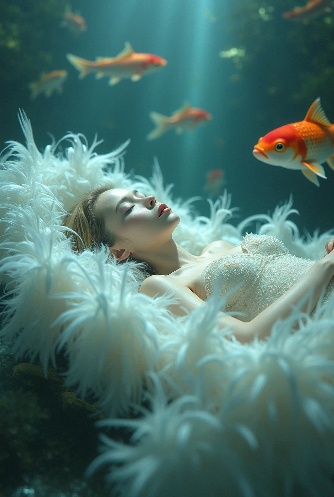 long-range, magic, underwater, an elegant girl made of diamond silk-screen printing, porcelain skin, transparency, ephemerality, delicate lines, horor, quick sketch, a girl sleeping on a feather bed made of fluff, koi fish swimming nearby, cinematic, high detail, 8k, fantasy surrealism