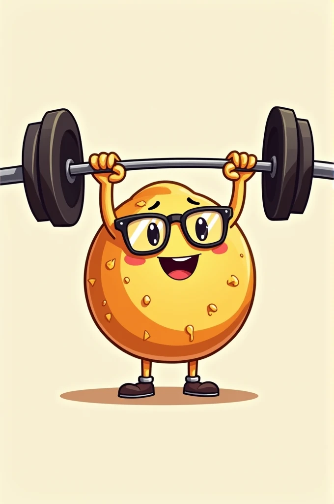 Draw a ball-shaped cheese bread with two arms lifting a gym weight, make it wear glasses 
