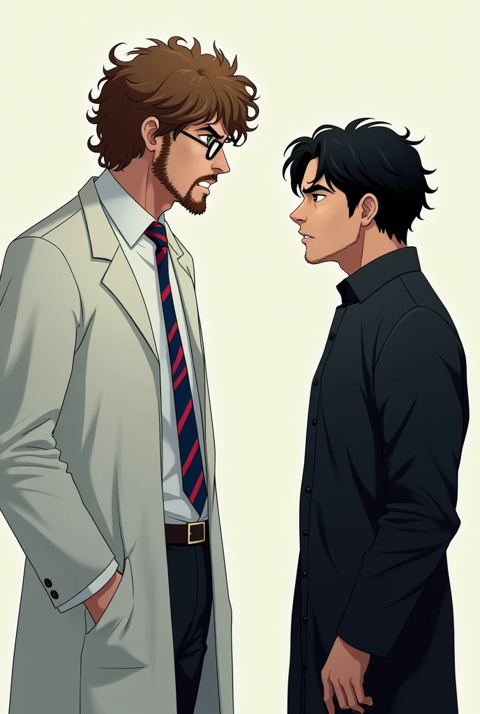 create two guys 20 years on side view looking at each other, in the left the guy is taller has eye glasses and has brown wavy curly hair, he wears lab gown over white long sleeves and blue and red stripes tie, has green eyes looking at the other guy angrily, the other guy beside him wears black clothes has wavy black hair and looks as if he's trying to provoke the other guy.