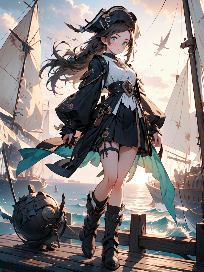 ((Full Body Shot)) A girl in sturdy clothes, Stylish pirate outfit complete with leather boots, Three-cornered hat, And a fluffy coat, Standing on the ancient deck, weathered pirate ship. She has been a long time, flowing brown hair and piercing green eyes. Her skin is tanned, She has some scars that hint at past battles.. In one hand she holds a shining cutlass、In his other hand he holds an elegant flintlock pistol.。. The atmosphere is {Adventurous|tense}, with the open sea and a setting sun casting Moneyen hues across the scene. The ground beneath her is a plank of wood, Reflecting the light of the setting sun、海のatmosphereを醸し出す. Surrounding her are Winding rope and Scattered barrels in shades of {brown|Money}, warm, sea brilliance. The background features Billowing Sails and a distant, Stormy Horizon, Suggests impending adventure and danger. The scene is vibrant、Energetic, On her face、The expression is intense but confident., Her eyes were intently focused on the horizon..

[Highest quality], [masterpiece], [Very detailed], [4K], {Adventurous|tense} atmosphere, pirate ship, {Dynamic pose|Brave pose}, Sunset illumination, {Soft Shadows|Dramatic lighting}, {Light reflected on a wooden board:0.7}, {Billowing Sails:0.6}, {Winding rope:0.5}, {Stormy Horizon:0.4}, {Scattered barrels:0.3}.
