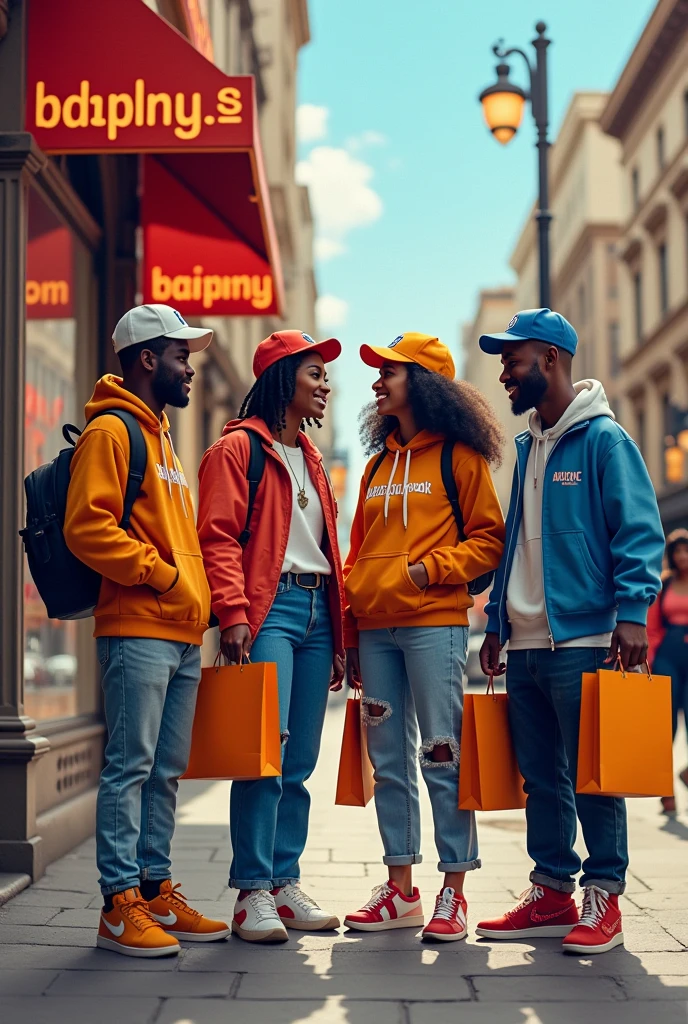 Image de 5 noirs amis avec des sacs d'achat Street wear devant le magasin "Babishopstore"