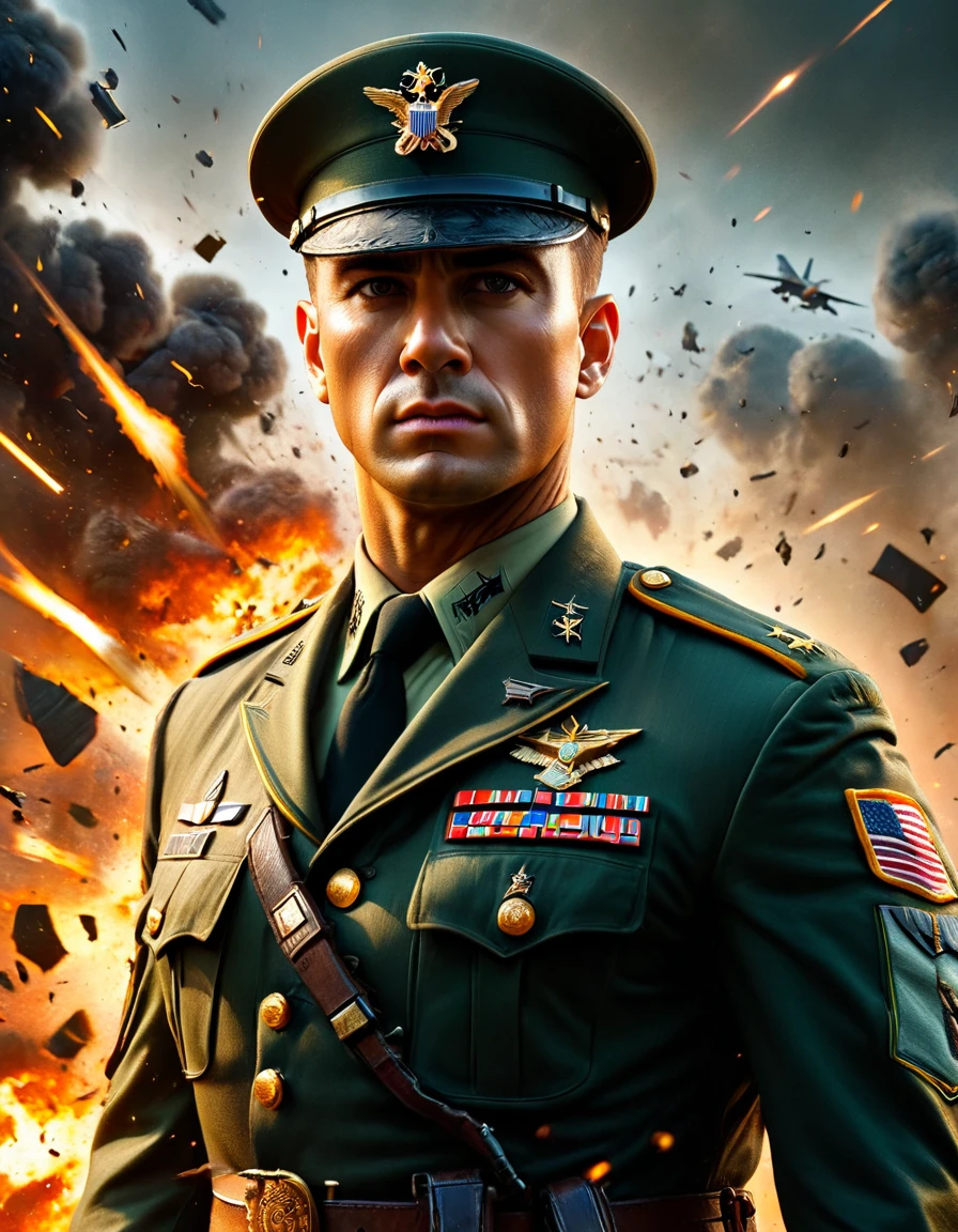 ((Highest quality)), ((masterpiece)), (detailed), official, High resolution, Very realistic, Perfect Face, Cinema Lighting, 1 slim, good-looking military man, United States Army, uniform, , Cutouts of the coolest movie fight scenes, Fierce combat zone, 