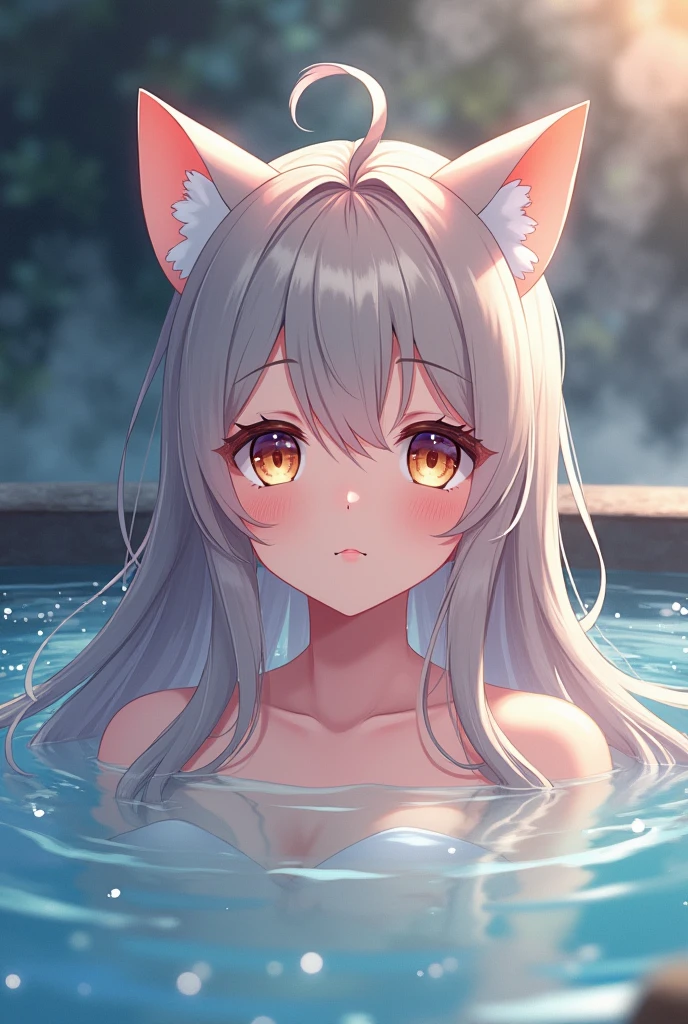 Anime girl with long ashen hair and colorful eyes in a japanese hot spring., Girl with ashen hair, 1K anime style, anime art wallpaper 2k, anime art wallpaper 2k, anime art wallpaper 2k, beautiful animated portrait, beautiful anime girl, 2k anime wallpaper, anime girl portrait, beautiful anime woman, shy girl, cat ears, hot spring, sparkly water, steam, relaxing in the hot spring