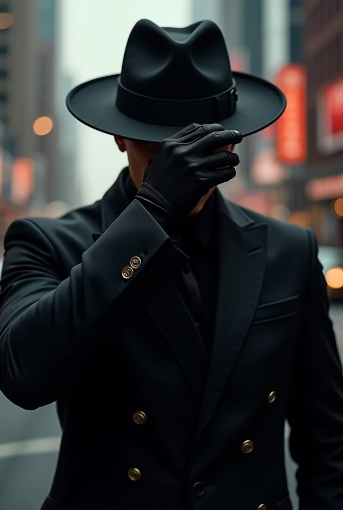 model man , posing for a photo covering his face with his hand, with black clothes , Black cap , city background