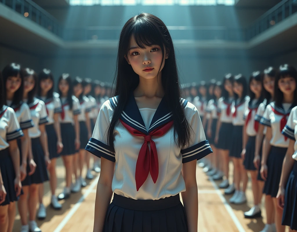 (Japanese Clone-girls=Myself), (Super Best masterpiece Clone-girls Raw Photography Art), (16K, Highest quality, Ultra-high resolution, RAW Photos), (It&#39;s so unrealistic., With unparalleled depiction, With an unfathomable sight, An unprecedented and shocking worldview, Clone-girls: In a world of mass reproduction, Ultra-realistic), (Japanese Girls, 16yo, Small face, Thick black hair, long hair, Dark Eyes, Mature face, Cute Smile, Smiling face, A gentle gaze, Very pleasant look), (Very beautiful detailed girls, Accurate body structure, Accurate body movements, Very detailed body, (Super big breasts, Large bulge of ample breasts)), (Schoolgirl uniform, Short sleeve, mini skirt, Emphasise the fullness of your breasts), (Very detailed, Myself cloning, Depiction of splitting oneself, 1Myself girl→1,000,000,000,000,000,000,000,000,000,000Myself cloning girls), (Very detailed and intricate, Myself clone-girlsから, Myself&#39;s body is multiplying, A perfectly matched depiction, (In the same female body,With the same face, With the same hairstyle, In the same clothes, At the same height, 同じSuper big breasts)), (Myself girls only), Academy, gym, stage, Commemorative photo depiction, Group photo, Description of the stage