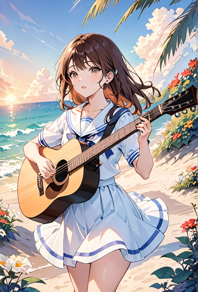 Girl wearing headphones,Brown Hair,1 person,Detailed Background,(sailor uniform:1.2)(play the guitar.sing a song.:1.3)(Summer evening、Beautiful sunset)(beach、Ripple)