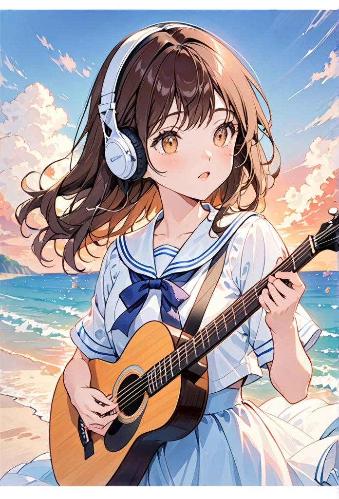 Girl wearing headphones,Brown Hair,1 person,Detailed Background,(sailor uniform:1.2)(play the guitar.sing a song.:1.3)(Summer evening、Beautiful sunset)(beach、Ripple)