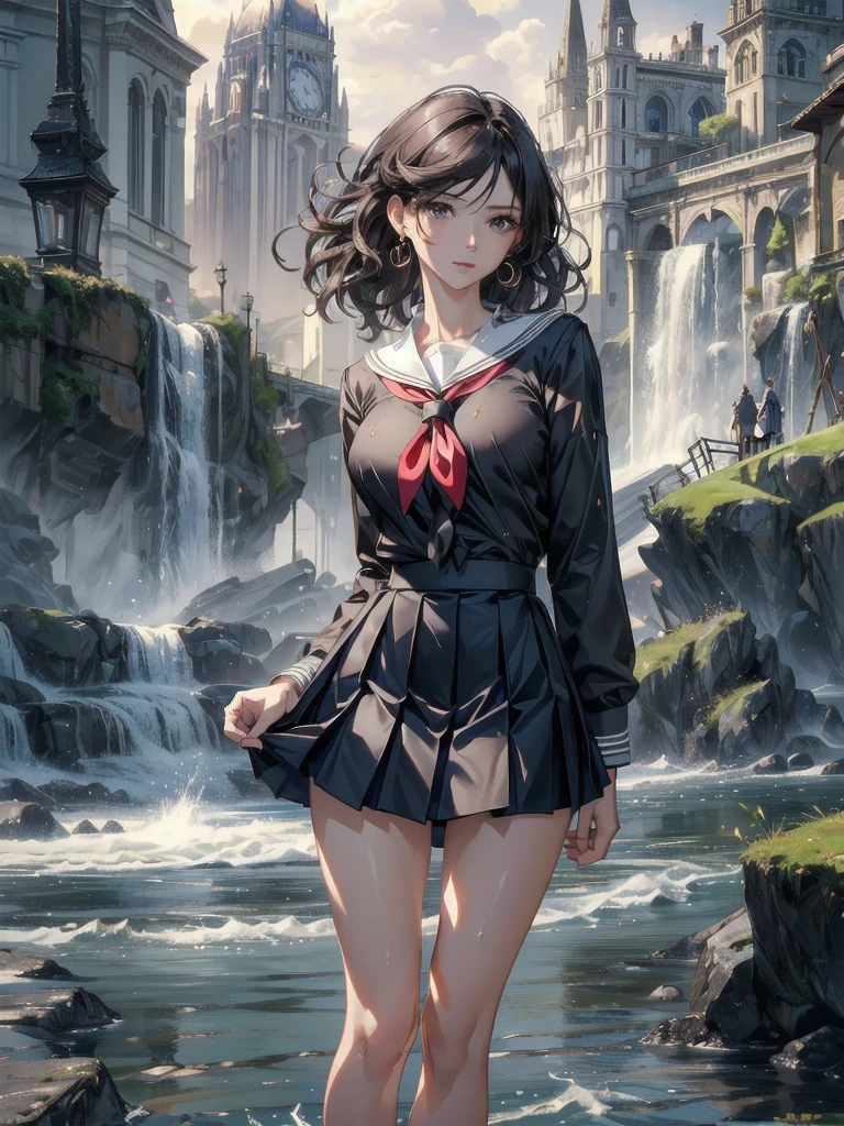 absurdres, RAW photo, extremely delicate and beautiful, masterpiece, Highest Quality, ultra high resolution, 32k, hyperrealistic, realistic, photorealistic, photo-realistic, Real, ultra-detailed, Very detailed CG 8k wallpaper, detailed background, landscape, Beautiful Lighting, Perfect Lightning, Realistic Shadows, perfect anatomy, anatomically correct, ideal ratio body proportions, perfect figure, Perfect Style, Perfect balance, super Detailed skin, in her 30s, very Slim body, narrow waist, very small head, very small face, delicate facial features, handsome detailed woman, very detailed eyes and face, realistic face proportions, Realistic beautiful face, Realistic beautiful eyes, tearful mole, earring, full body shot, whole body shot, very huge round tits, medium hair, asymmetrical hair, wavy hair, leg, thigh, knee, shin, ankle, wet clothes, school_uniform, dress shirt, tie, sailor suit, Pleated mini skirt,