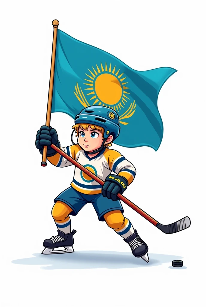 ((officially)) ((masterpiece)) ((Best quality)) ((detailed)) cartoon boy hockey player in uniform with emblem flag of Kazakhstan in hand stick in full growth on white background