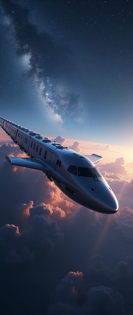 Train-shaped spaceship,10-car train,(Beautiful aircraft:2.0),(The background is outer space and the Milky Way:1.6),masterpiece,Highest quality,Ultra-high resolution,(Super detailed),8k,Realistic,Best aesthetics,beautiful,(dynamic)
