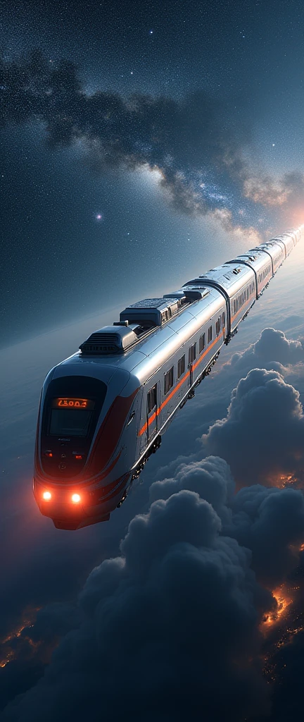 Train-shaped spaceship,10-car train,(Beautiful aircraft:2.0),(The background is outer space and the Milky Way:1.6),masterpiece,Highest quality,Ultra-high resolution,(Super detailed),8k,Realistic,Best aesthetics,beautiful,(dynamic)