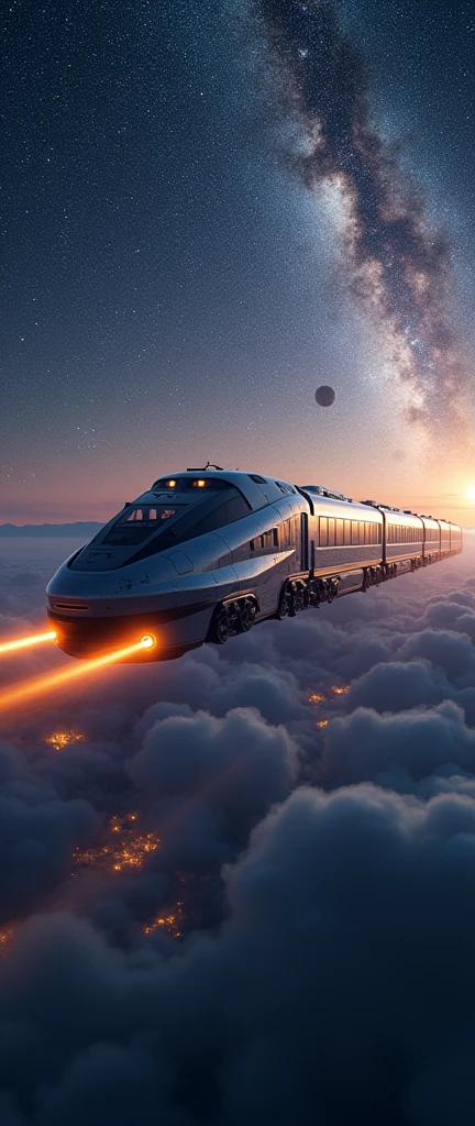 Train-shaped spaceship,10-car train,(Beautiful aircraft:2.0),(The background is outer space and the Milky Way:1.6),masterpiece,Highest quality,Ultra-high resolution,(Super detailed),8k,Realistic,Best aesthetics,beautiful,(dynamic)