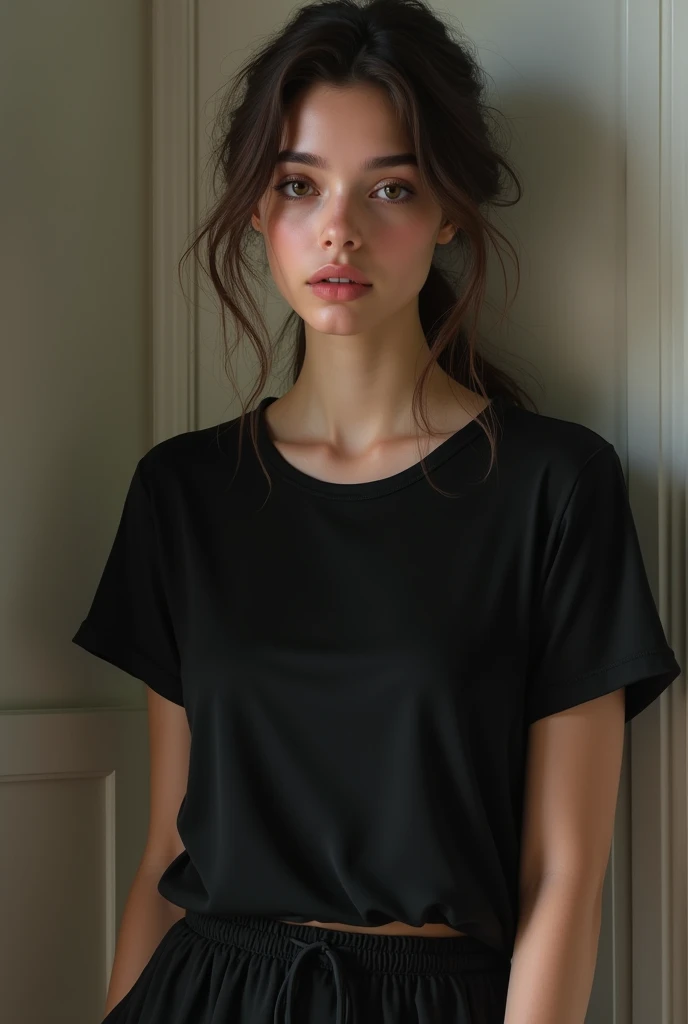 (photorealism:1.2), beautiful woman, wearing black t-shirt
, pajama pants