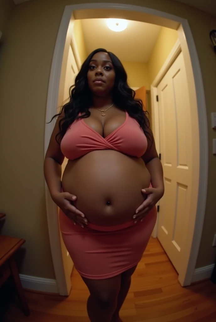 Your POV view when Cardi B&#39;s pregnant plus size stepmother approaches you at home. HD, cinematic, Photorealistic, fisheye camera view, iphone camera style.