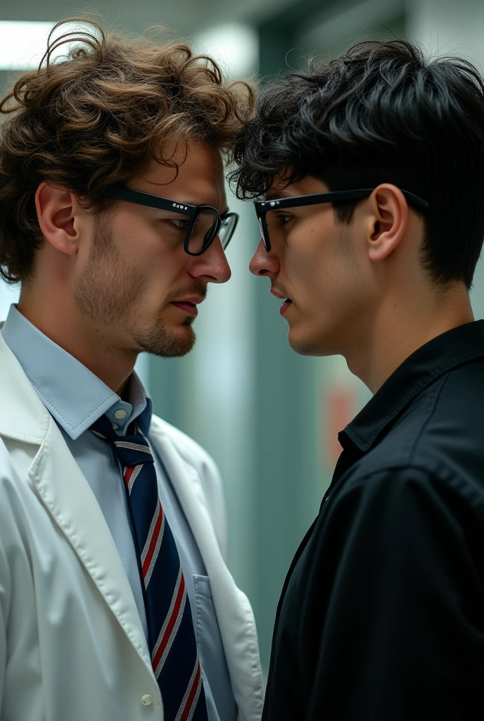 create two guys 20 years college students on side view looking at each other, in the left the guy is taller has eye glasses and has brown wavy curly hair, he wears lab gown over white long sleeves and blue and red stripes tie, has green eyes looking at the other guy angrily, the other guy beside him wears black clothes has wavy black hair and looks as if he's trying to provoke the other guy.