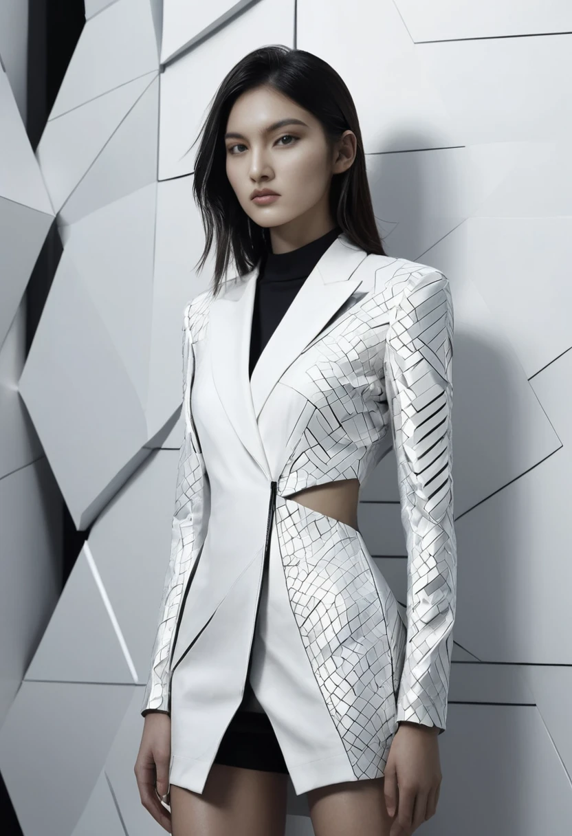 1girl, Textured garments, poised poise, dramatic angles, geometric shapes, contrasts of light and shadow, slick futurism, avant-garde styling, high-tech backdrop, crisp lines, ultra-high resolution