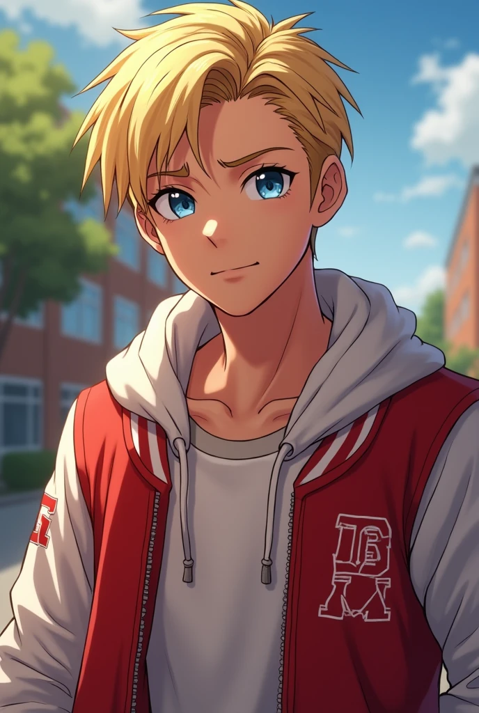 He is a teenager with an athletic male body, straight blond hair and a haircut swept to the side, which is a great charm for women., piercing gaze and the color of his blue eyes picina, man's face and impeccable posture and wears a uniform with red and white on the team jacket and an acronym of the school's name is the letter P for team like the United States, but he likes to run after those who don't want him!. Show me in a more realistic way and in human form. With a half chad face.