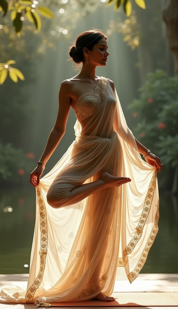 Indian transparent saree yoga pose