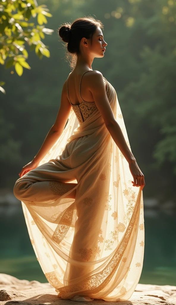 Indian transparent saree yoga pose