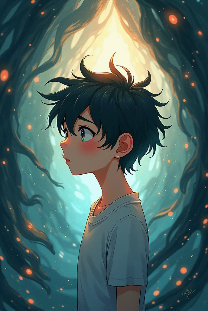 Create a cute anime boy who is looking for an escape in his own dark mind.