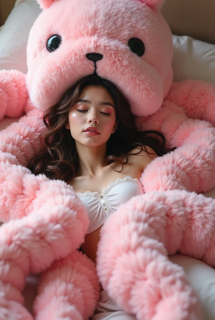 A beautiful brunette is wrapped entirely by a huge pink Octopus plushie. the plushie's tentacles are coiling around her body. She is wearing a bunny Kigurumi costume lying in bed surrounded by the huge plushie tentacles. the plushie is quite large and fluffy, occupying a significant portion of the image
