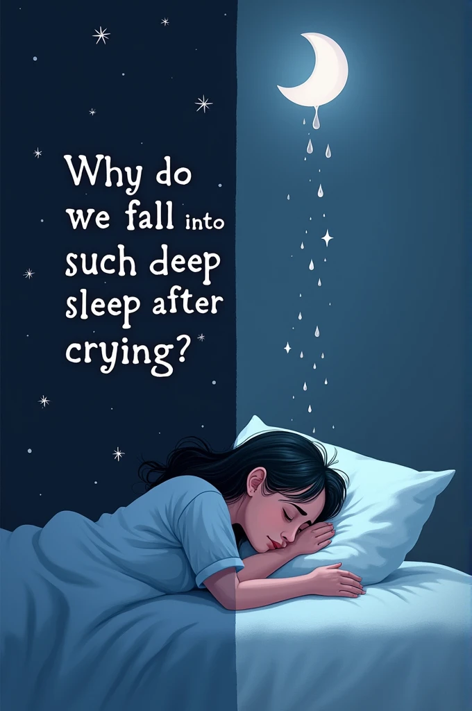 For the YouTube thumbnail with the title "কান্নার পর এতো গভীরভাবে ঘুম চলে আসে কেন?" (Why Do We Fall Into Such Deep Sleep After Crying?), consider this idea:

**Background Image:** A split image showing a person crying on one side and a peaceful, sleeping person on the other side.

**Text Overlay:** Use bold, contrasting text with the question "কান্নার পর গভীর ঘুম কেন?" to draw attention.

**Visual Elements:** Add a subtle visual element like a small icon of a teardrop merging into a crescent moon or a bed, symbolizing the transition from crying to sleep.

**Color Scheme:** Use calming colors like soft blues and purples to convey the theme of sleep and emotional relief.