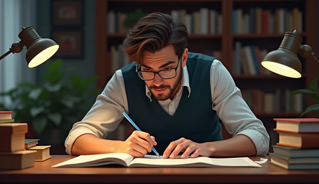 study notebook, man concentrated studying hard