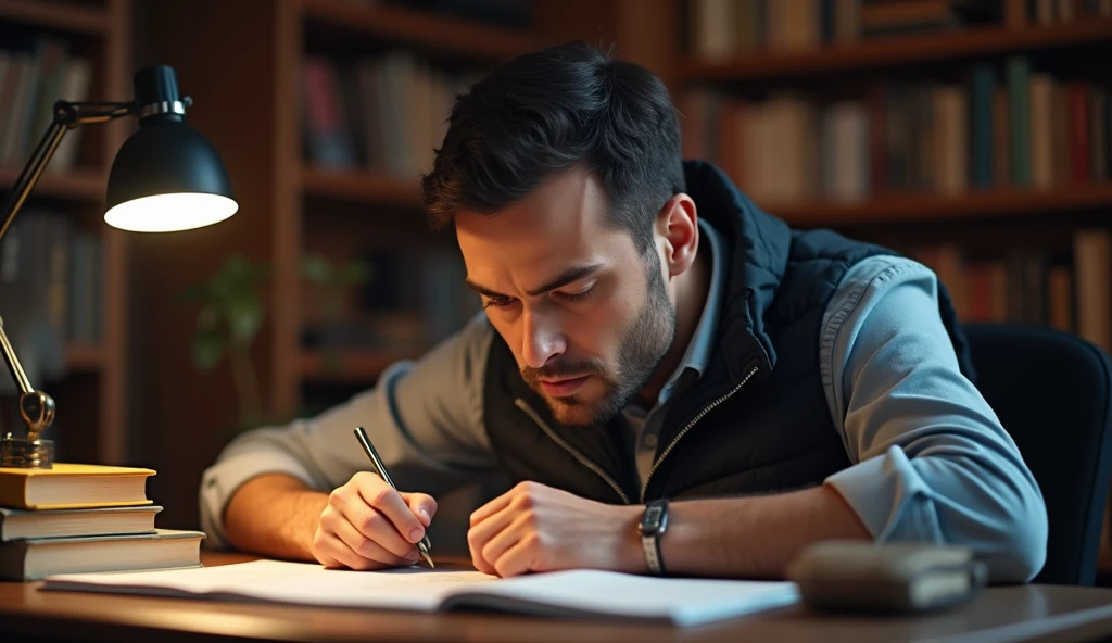 study notebook, man concentrated studying hard