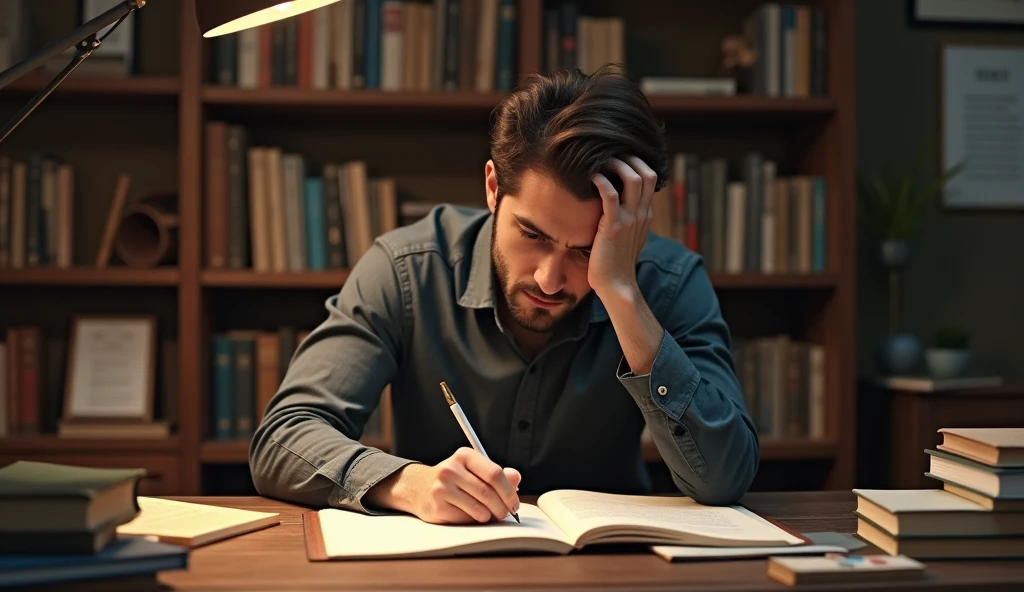 study notebook, man concentrated studying hard