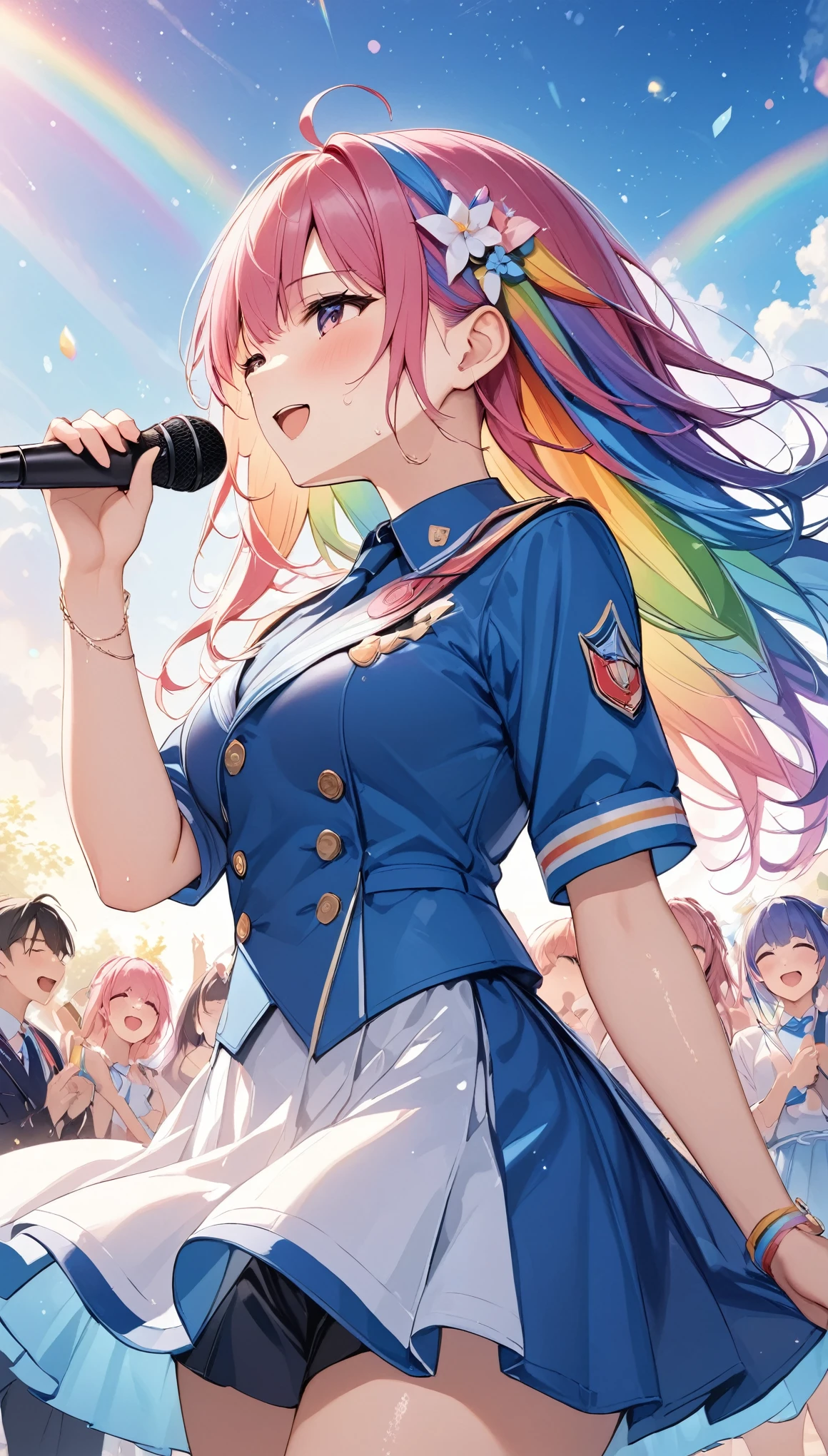 Highest quality、Highest quality、Ultra-detailed、(masterpiece:1.2),Very absurd、4K,8k,Idols singing in front of an audience、Outdoor Live Venues、Clear sky、A rainbow in the sky、Uniform-like outfit、Hold the microphone in your right hand、Left hand wide open、hisui、rainbow hair、cute、Sing happily、Sweat gushing forth、profile、、rainbow、Sparkling effects