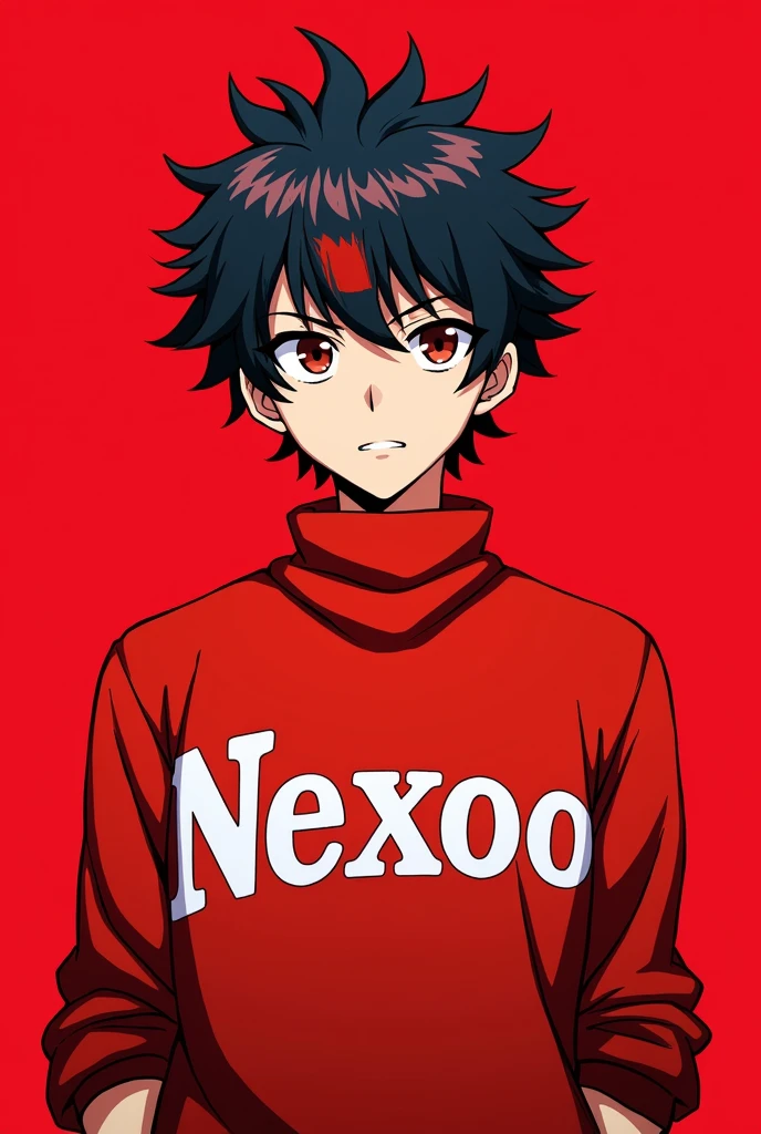 Tell me more about a , he has curly hair and a red stripe in front and he should look like in an anime, he has a red sweater with Nexoo written on it in white letters, the background should be bright red and he has a red stripe in front, the background is bright red