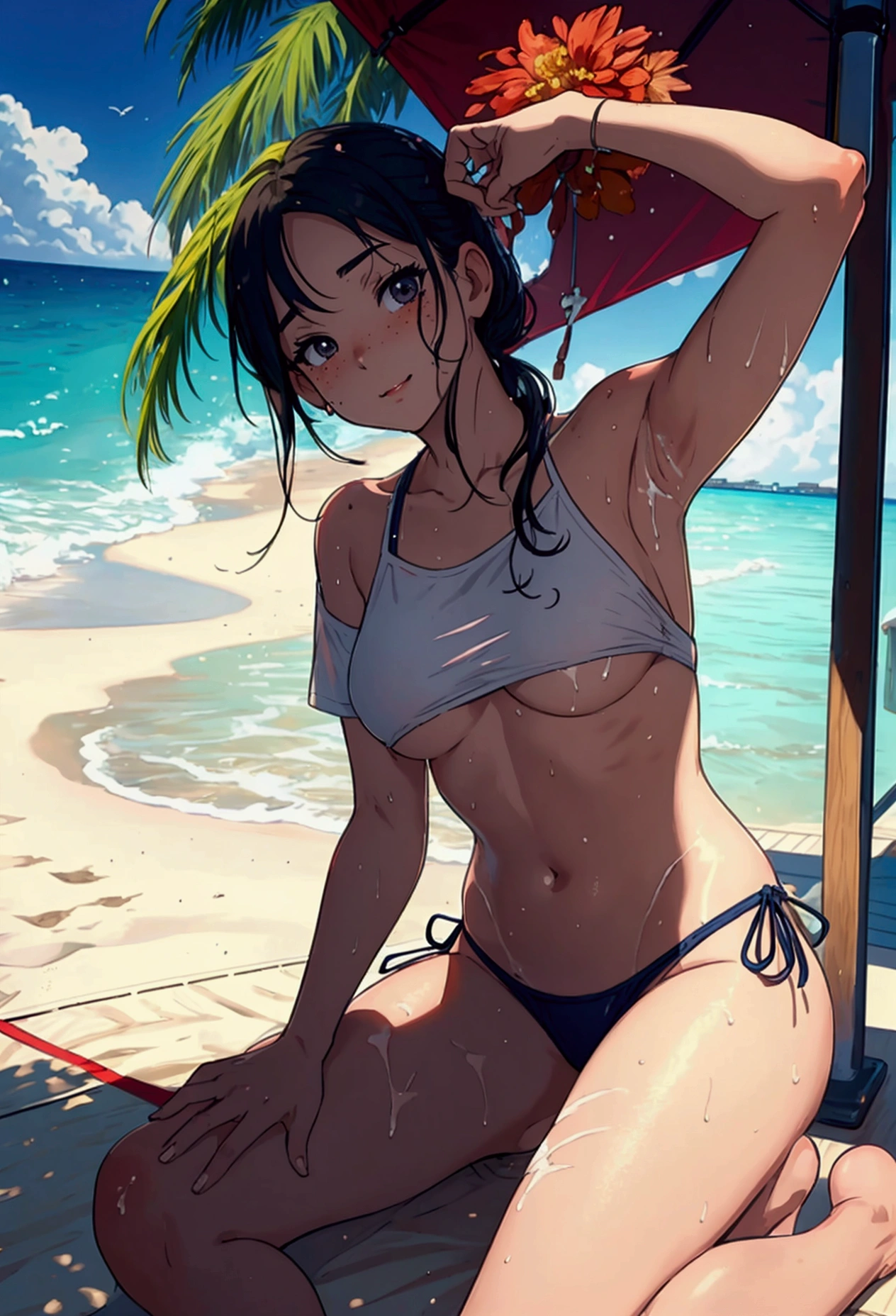 ((highest quality, masterpiece, High resolution)), ((reality)),Photos of beautiful Japanese women,((anime art))、 (((1 girl))), normal size , slim body shape, long ponytail,double eyelid, Wet see-through micro bikini, A pareo with bold ethnic patterns and plenty of primary colors、(Brown skin:1.4),realistic skin、Wet,whole body,cinematic light、tropical、Against the background of palm trees on both sides、on a sunny beach、With the sea in the background、blur background、smile