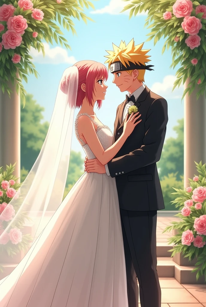 Naruto screenshot. Sakura in a wedding dress next to Naruto in a wedding suit