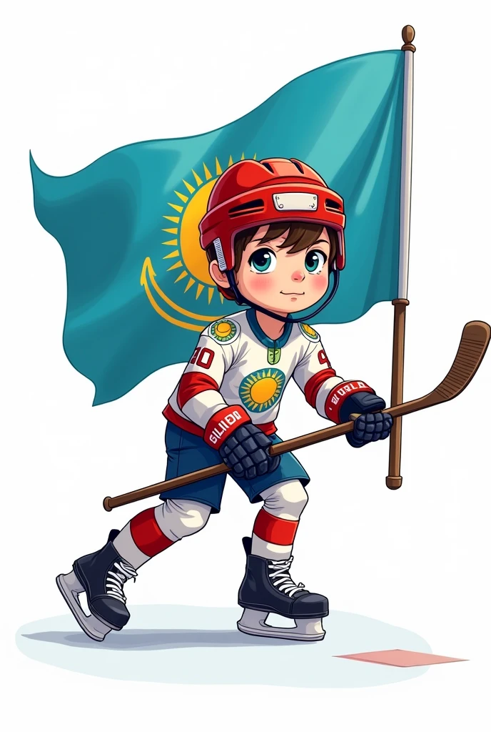 ((officially)) ((masterpiece)) ((Best quality)) ((detailed)) cartoon boy hockey player in uniform with emblem flag of Kazakhstan in hand stick in full growth on white background