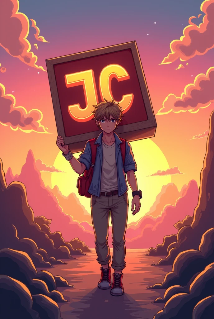 Ligh brown hair male character carrying a Big logo with the initials "J" and "C", retro video game theme, sunset background