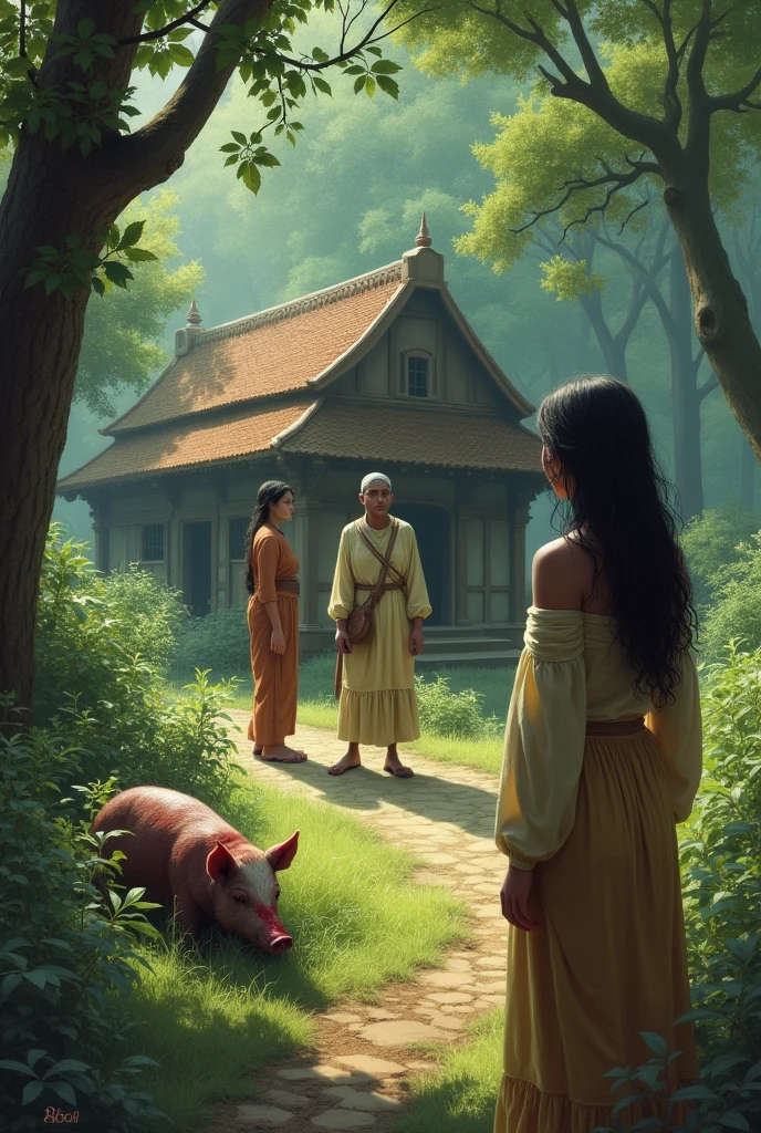 ((best quality)), ((masterpiece)), (detailed), 1girl, off-shoulder sweater, One day a hunter came to the forest while hunting and injured a pig with his arrows. The pig, soaked in blood, hid in the bushes in front of the sage's ashram. After some time, the hunter came to the sage and asked him - Have you seen any pig going here? The hunter knew that Satyavrat never lies and neither does he cheat anyone. He said, Brahmin, I am doing this work of killing pigs for the food of my wife and sons. My job is to feed my family by hunting.