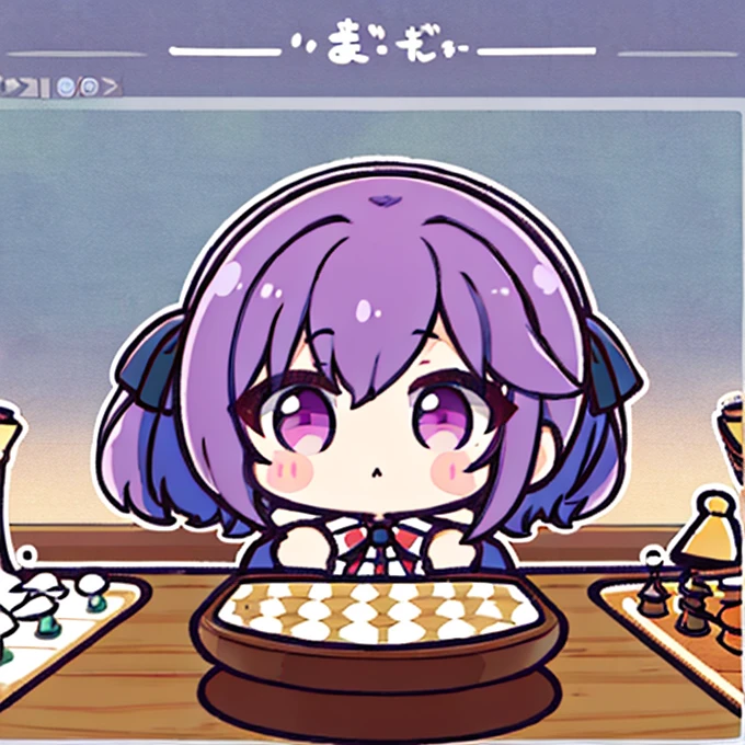3 persons, a group of people play chess together, chibi style,