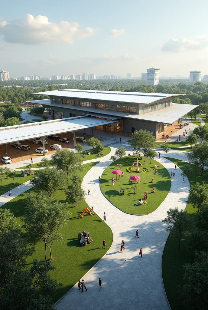 Terminal bus modern, there is a green open space with a playground and seating, There is a Betawi corner to introduce Betawi culture, commercial areas use environmentally friendly construction materials, ada underground parking lot, parking lot for other modes of transportation