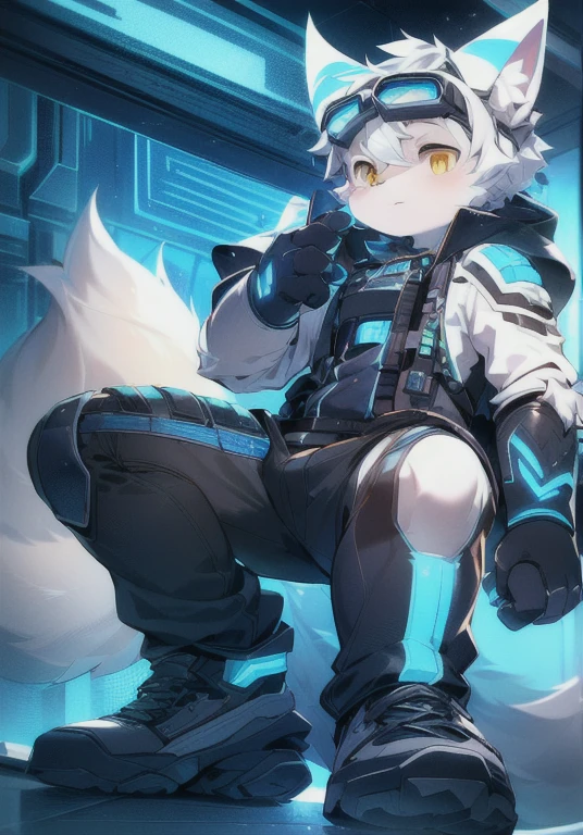 White male cat，boys，Lovely，Silver Hair，Detailed background，，Golden Eyes，futuristic city，Neon lights，Wearing black tech armor，Wearing goggles，Hairy pads，Big furry tail，Blue-white ears，Q version