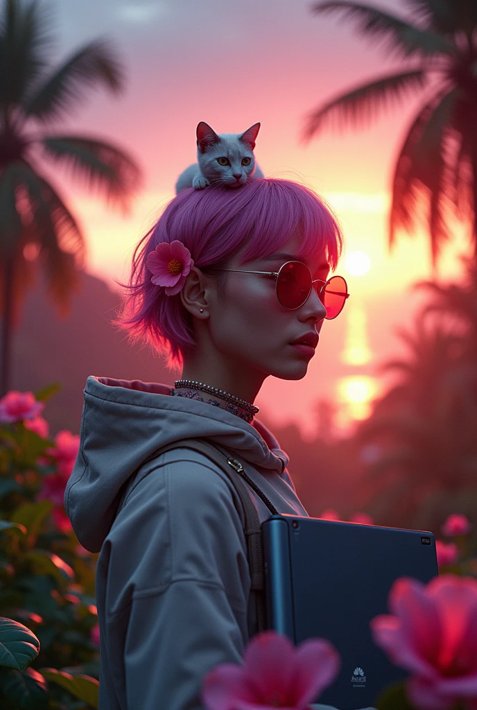 Take acer on adventure, Acer notebook main point, close-up portrait of woman while holding acer notebook, asian girl have flower on ears and sun glasses, surrealist, high quality, cinematic, low-key, galaxy paradise fall in background, jungle flower in foreground, a little cat on head,[Ai001 is a famous fashion asian model, platinum detailed short Magenta hair], fullbody for north face camping wear, wearing a 90s haute couture streetwear, kodak color film, film grain filter, acer notebook