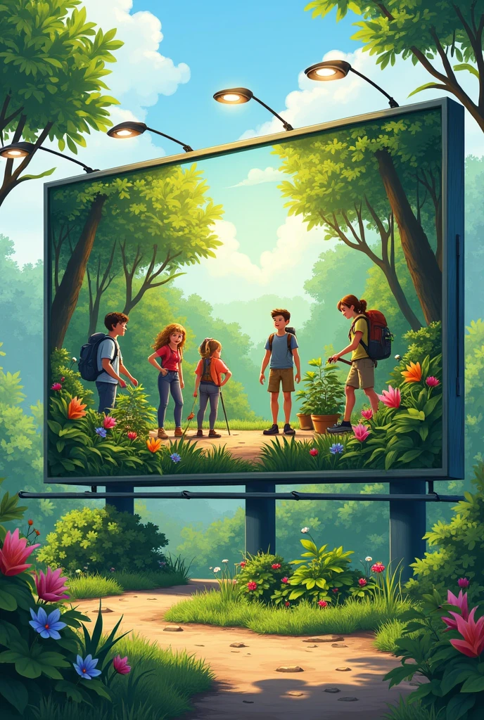 Create an AI design for a billboard for forest camp and plant forest activities