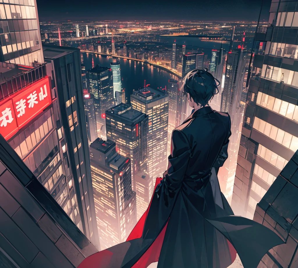 ((Highest quality)), ((masterpiece)), night, Near future city, neon, Buildings, A man looking down on the city from a high vantage point, ((Food)), Long coat, Black Costume, Turn your back on the viewer, TPS perspective, The Power Behind the Scenes