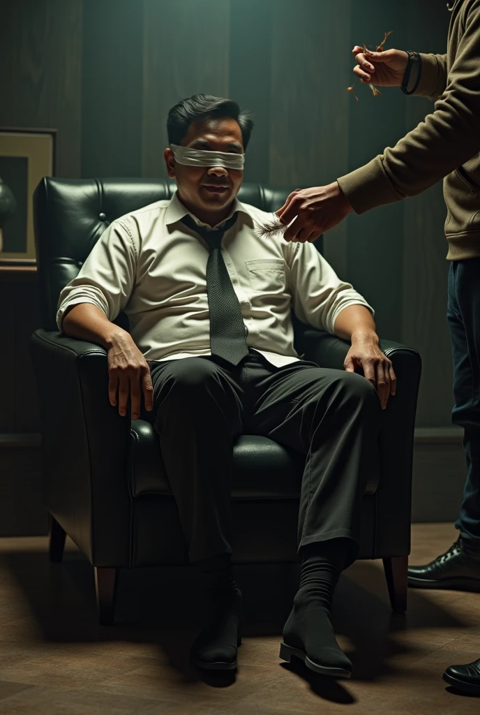 There is a handsome businessman from Malaysia named Zarul tangan,legs with black socks tied to the chair and eyes covered with a cloth The napper took off his zarul shoes, held Zarul's feet with his hand and tickled the soles of Zarul's feet with chicken feathers and he laughed amusedly