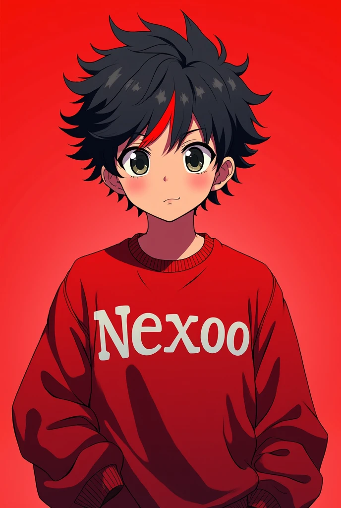 Tell me more about a , he has curly hair and a red stripe in front and he should look like in an anime, he has a red sweater with Nexoo written on it in white letters, the background should be bright red and he has a red stripe in front, the background is bright red