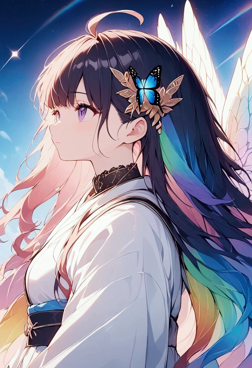 One Woman,Archangel((Galaxy Wings,Infinite depth,growing up,very mysterious,close)) background(Cyber World) Serious expression,Look up diagonally, Rainbow long hair,A butterfly being blown by the wind. Side view. Bright and shiny neon colors.,Super mysterious Japanese anime style