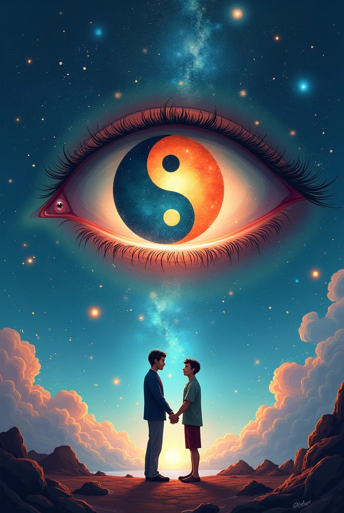 Create me a good book cover like the background is a some sort of the universe and in between or in any part, there is a big mysterious eye, and inside that eye, there is the symbol yinyang, and create a two men holding hands in the front , show that they are really In love Make it fantasy vibes and make it simple but artistic , emphasize the yinyang on the eye. Make it more cartoonish and make the book cover like a beginner but have a experience on art